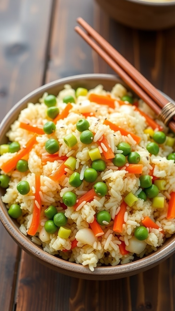 A bowl of cauliflower fried rice with mixed vegetables and green onions, served with chopsticks on a wooden table.